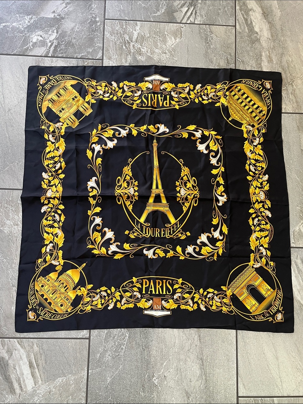đ¤ Anne McAlpin Paris 2006 100% Silk Large Square Scarf 36' x 36' Black Gold